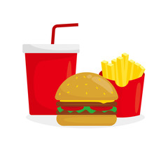 Burger, french fries and soda vector illustration isolated on white background