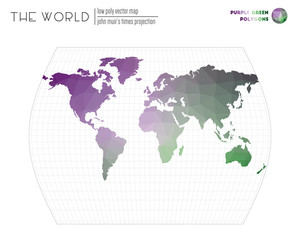 Low poly world map. John Muir's Times projection of the world. Purple Green colored polygons. Amazing vector illustration.