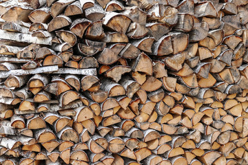 Sawn logs of birch forestry.  Woodpile, firewood.