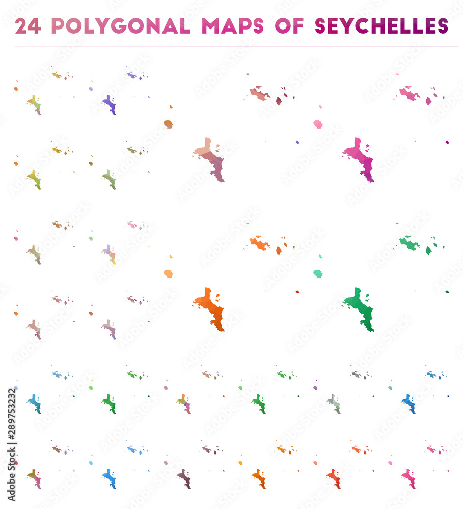 Poster set of vector polygonal maps of seychelles. bright gradient map of island in low poly style. multico