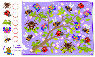 Math education for children textbook. Educational page for kids. Count the quantity of insects and write the numbers in circles. Worksheet for baby book. Logic puzzle game. Developing counting skills. © nataljacernecka