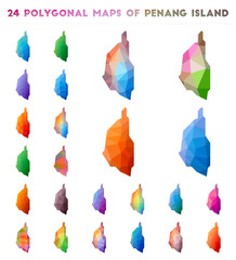 Set of vector polygonal maps of Penang Island. Bright gradient map of island in low poly style. Multicolored Penang Island map in geometric style for your infographics.