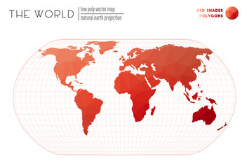 Polygonal world map. Natural Earth projection of the world. Red Shades colored polygons. Energetic vector illustration.
