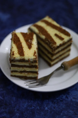 Two pieces of striped cake on a plate. Black-white cake. Dessert Zebra. Selective focus. macro.
