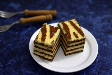 Two pieces of striped cake on a plate. Black-white cake. Dessert Zebra. Selective focus. macro.