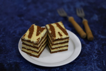 Two pieces of striped cake on a plate. Black-white cake. Dessert Zebra. Selective focus. macro.