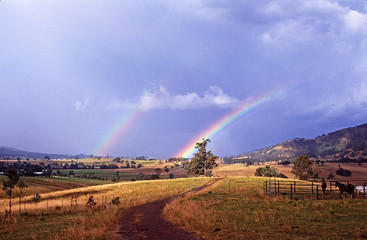 Double rainbow over the fields in Vacy. Australia.