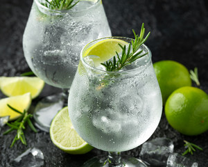 Gin and Tonic Alcohol drink with Lime, Rosemary and ice on rustic black table