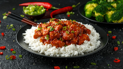 Tso's chicken with rice, green onion and broccoli