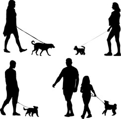 people walking with his dog silhouettes