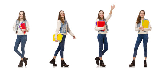 Pretty student holding textbooks isolated on white