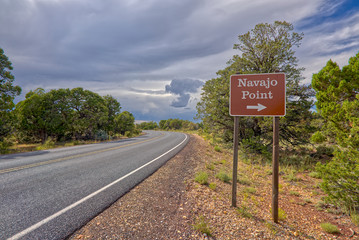 Road sign pointing the way to Navajo Point in Grand Canyon Arizona.