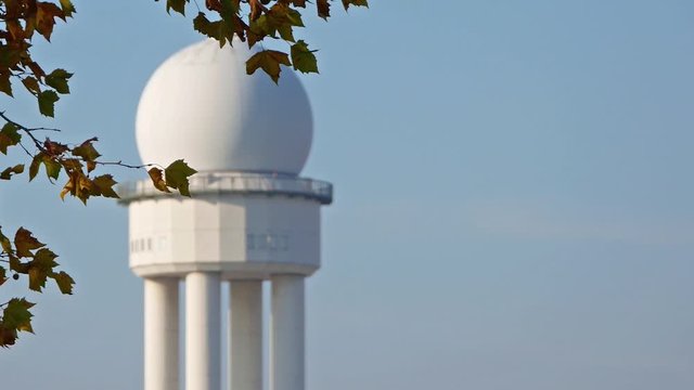 RRP 117 Radar Tower In Public City Park Tempelhofer Feld Behind Autumn Leaves In Berlin, Germany, Selected Focus