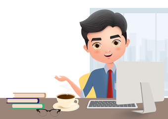 Business manager vector character. Male business character talking and sitting in office desk with laptop, coffee, books and glasses in empty white background. Vector illustration.