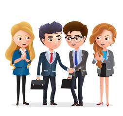 Businessman partnership vector characters. Business partner character with deal agreement and handshake in white background. Vector illustration.