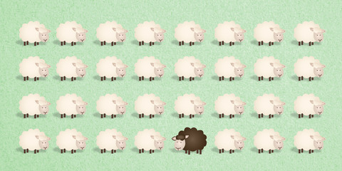 black sheep in the middle of many white sheeps