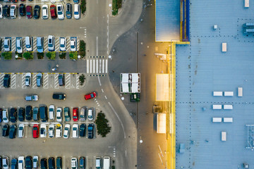 Aerial drone photography of shopping center, central europe. 