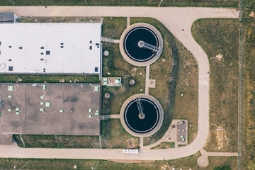 Aerial drone photography of sewage treatment plant.