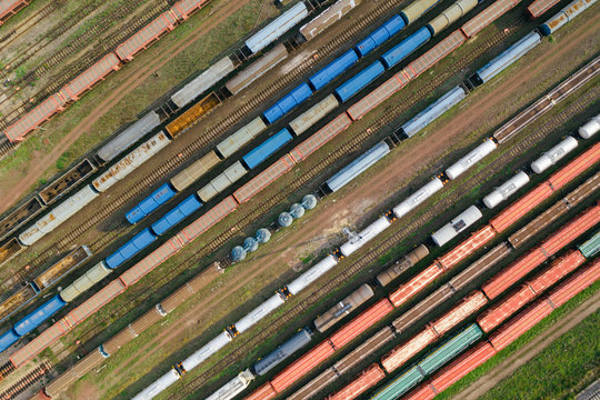 Aerial drone photography of train tracks, logistics cargo 
