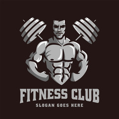 Logo template vector of Bodybuilder gym fitness theme, with muscle man character and barbell