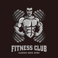 Logo vector template of gym Bodybuilder fitness theme, with muscle man character and barbell