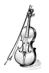 Violin musical instrument. Ink black and white drawing © berdsigns