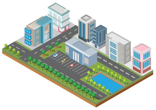 Isometric Building vector.They are on Yard with road and trees.smart city and public park.building 3d,cars,capital , Vector office and metropolis concept.