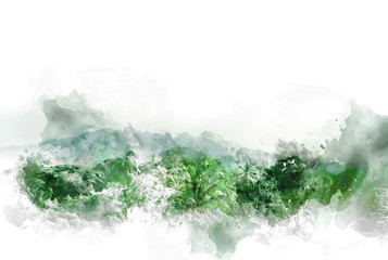 Abstract colorful mountain peak and tree landscape on watercolor illustration painting background.
