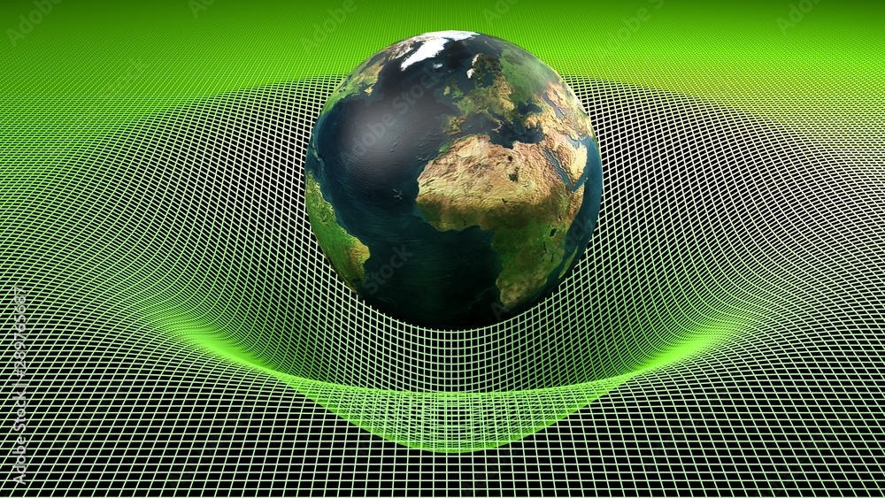 Poster the planet earth is over a green grid with deformations due to the gravity - world map form nasa - 3