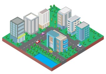 Isometric Building vector.They are on Yard with road and trees.smart city and public park.building 3d,cars,capital , Vector office and metropolis concept.