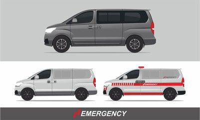 Set Illustration of big van for family vacation, blind van transport, and emergency vehicle