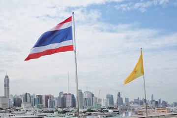 Fototapeta na wymiar 10/9/2019 , Image of waving Thai flag of Thailand with blue sky background at Bangkok , Thailand.