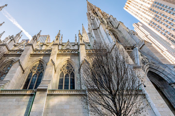 New York City, NY, USA - December, 2018 - The Cathedral of St. Patrick is a decorated Neo-Gothic-style Roman Catholic cathedral church in the United States, located at Fifth Avenue.