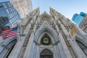 New York City, NY, USA - December, 2018 - The Cathedral of St. Patrick is a decorated Neo-Gothic-style Roman Catholic cathedral church in the United States, located at Fifth Avenue.