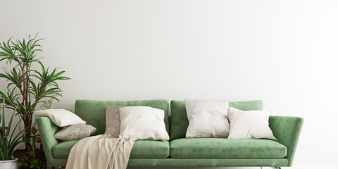 Mock up wall with an olive green sofa in modern interior background, living room, Scandinavian...