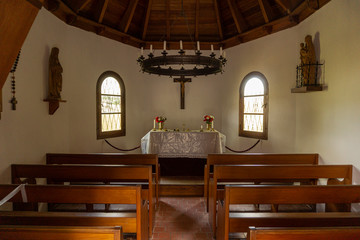 Interior view of old wooden church German style in La Cumbrecita, Cordoba, Argentina