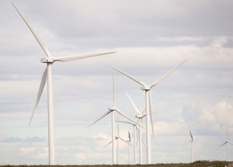 Fototapeta premium Environmentally friendly and sustainable wind turbines used to generate electricity on a wind farm in Argentina, Patagonia. 