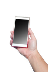 The hand is holding smartphone isolated on white background.