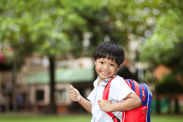 An Asian young boy with school uniform getting excited and cheerful when coming back to school.