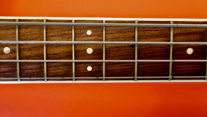 bass guitar neck . color background. closeup