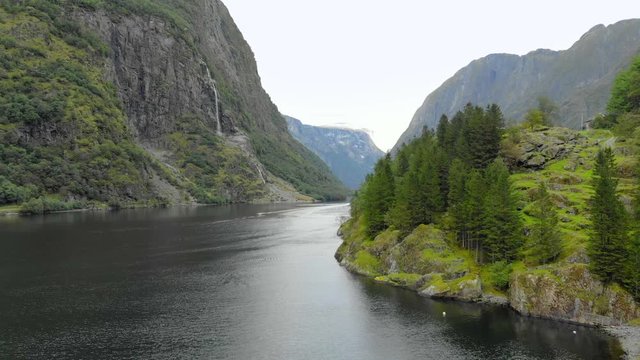 Scenic Valley fjord where the Vikings lived, near Flam Norway, aerial view.