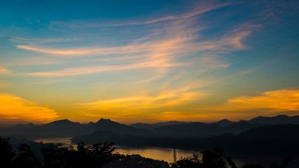 Fototapeta na wymiar Sunset at Laung Prabang in Bird Eye View:: Mount. PhouSi view point, Laos