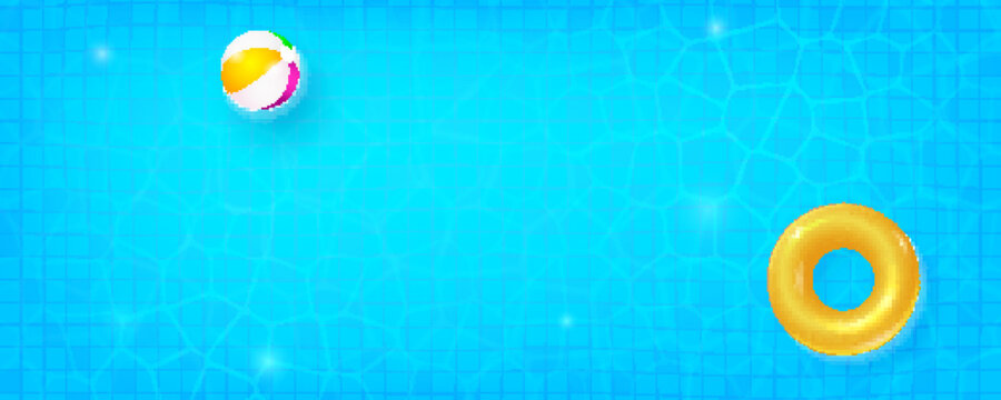 Yellow ring floating with beach ball in refreshing blue swimming pool. Top view on ripple and flow of waves. Summer background. Texture of water surface. Overhead view. Vector 3d illustration