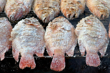 Salted Fish on the Charcoal Grill at the Street Market