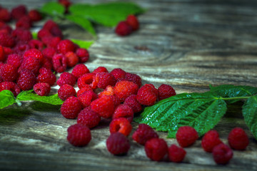 Fresh raspberries on a rustic wooden table. Selective focus.