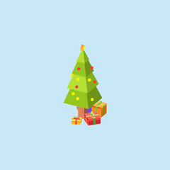 Isometric Tree and Gift Box Isolated Color