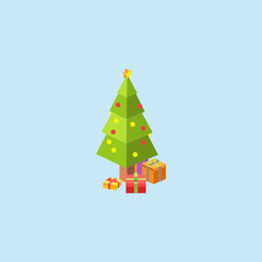 Isometric Tree and Gift Box Isolated Color