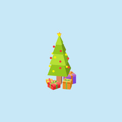 Isometric Tree and Gift Box Isolated Color