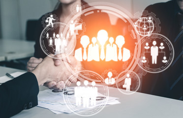 Human Resources Recruitment and People Networking Concept. Modern graphic interface showing...