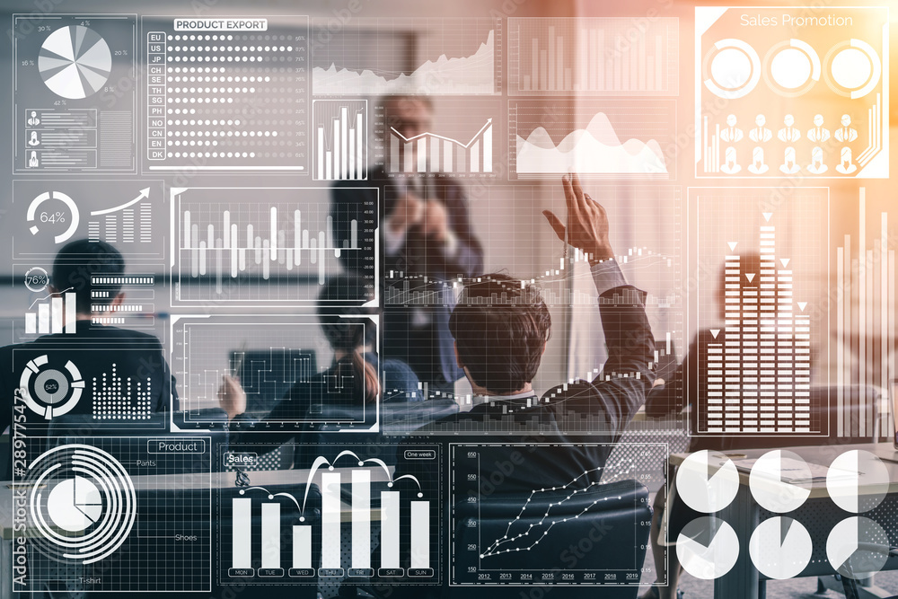 Sticker big data technology for business finance analytic concept. modern graphic interface shows massive in